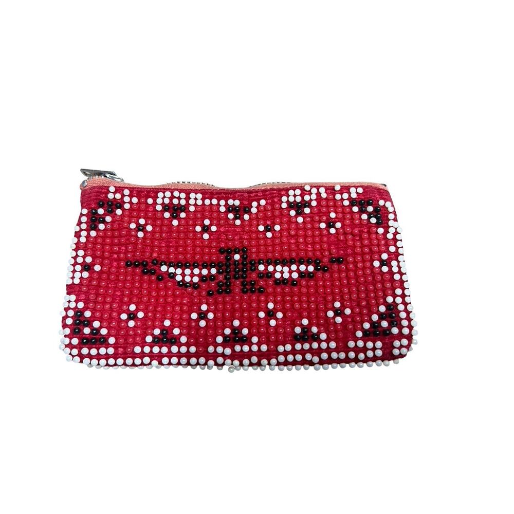 Vtg 1970s Florida Thunderbird Small Red Beaded Coin Purse Souvenir